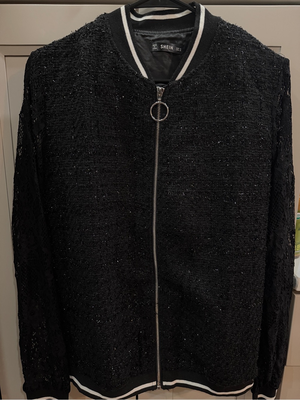 SHEIN Black Textured Lace-Sleeve Bomber Jacket with Striped Trim